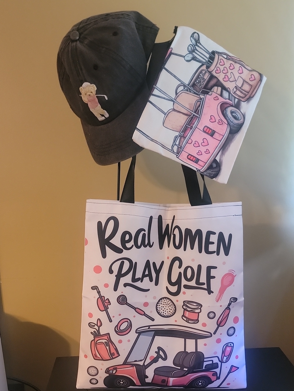 GIFTABLE TOTES Real Women Play Golf Pink Tote Bag ,Golf Bear Hat & Cosmetic Bag